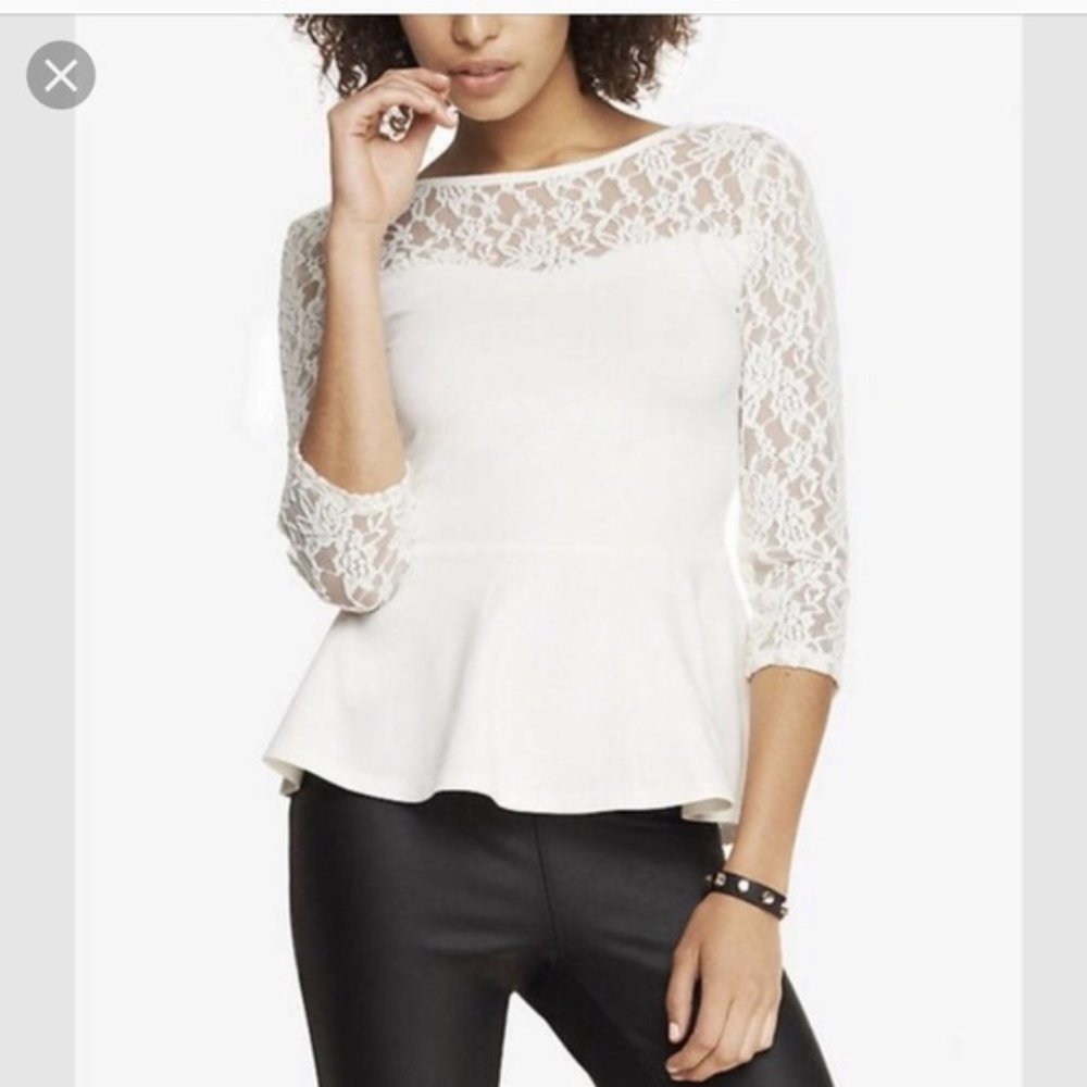 Express White Lace and Stretch Peplum Top